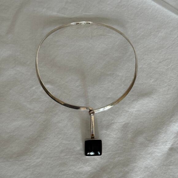 Taxco Jewelry - Vintage Mexican 925 Sterling Silver Black Onyx Collar Choker Necklace